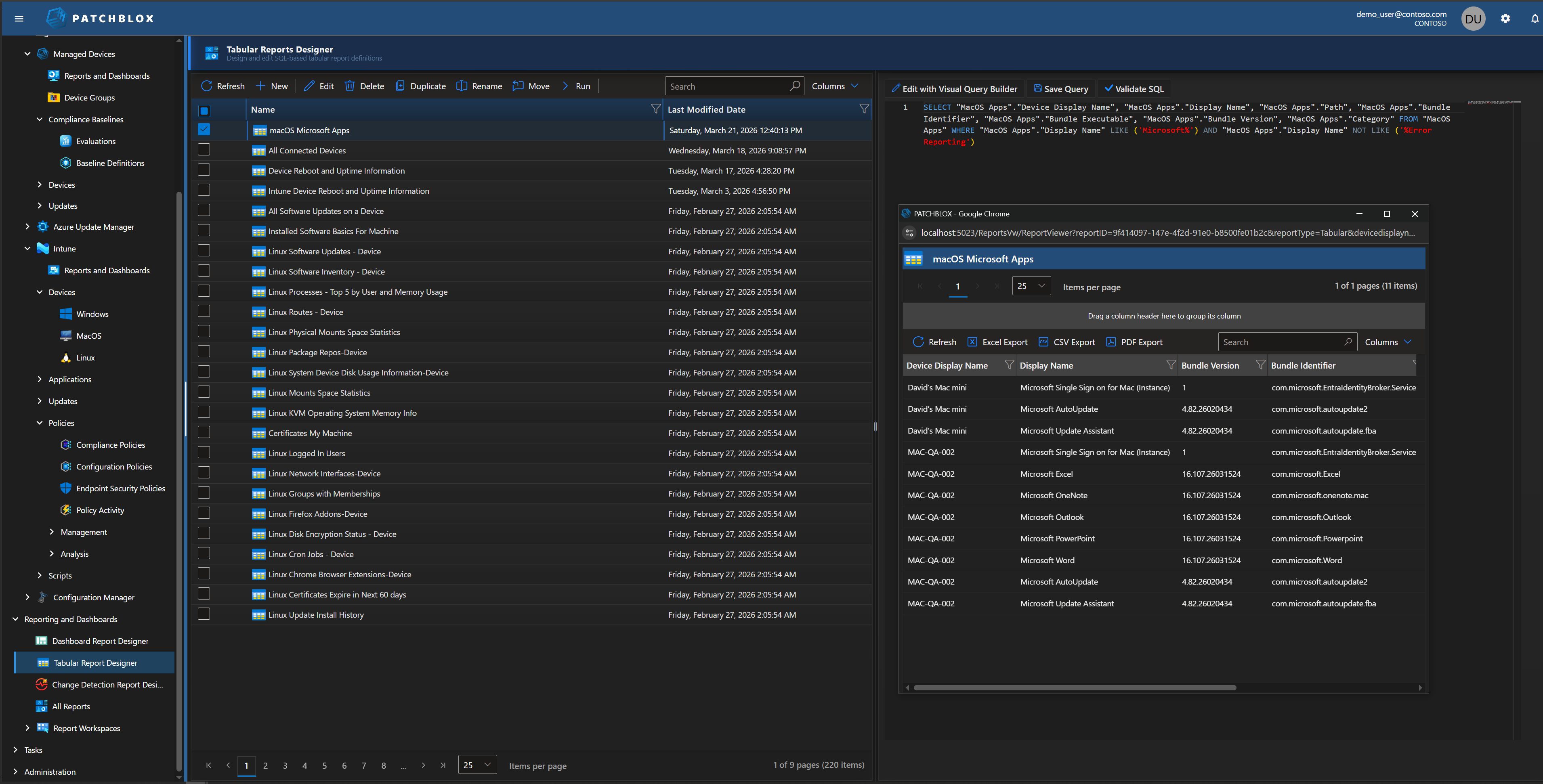 Tabular Reports Designer — macOS Microsoft Apps report with SQL query and live results